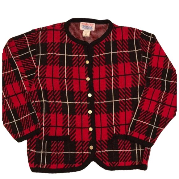 Tally Ho Red and Black Plaid Cardigan Sweater Vintage XL - Picture 1 of 5